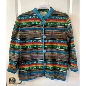 Vintage Flashback Jacket Womens Size S Blue Colorful Tapestry Aztec Boho Y2K 90s